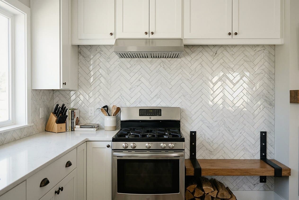Finished marble herringbone backsplash in a bright kitchen