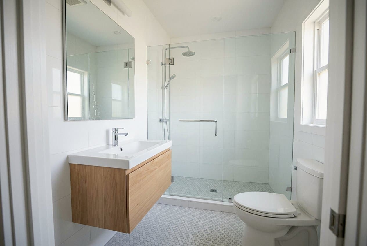 Bright remodeled bathroom with glass shower and vanity
