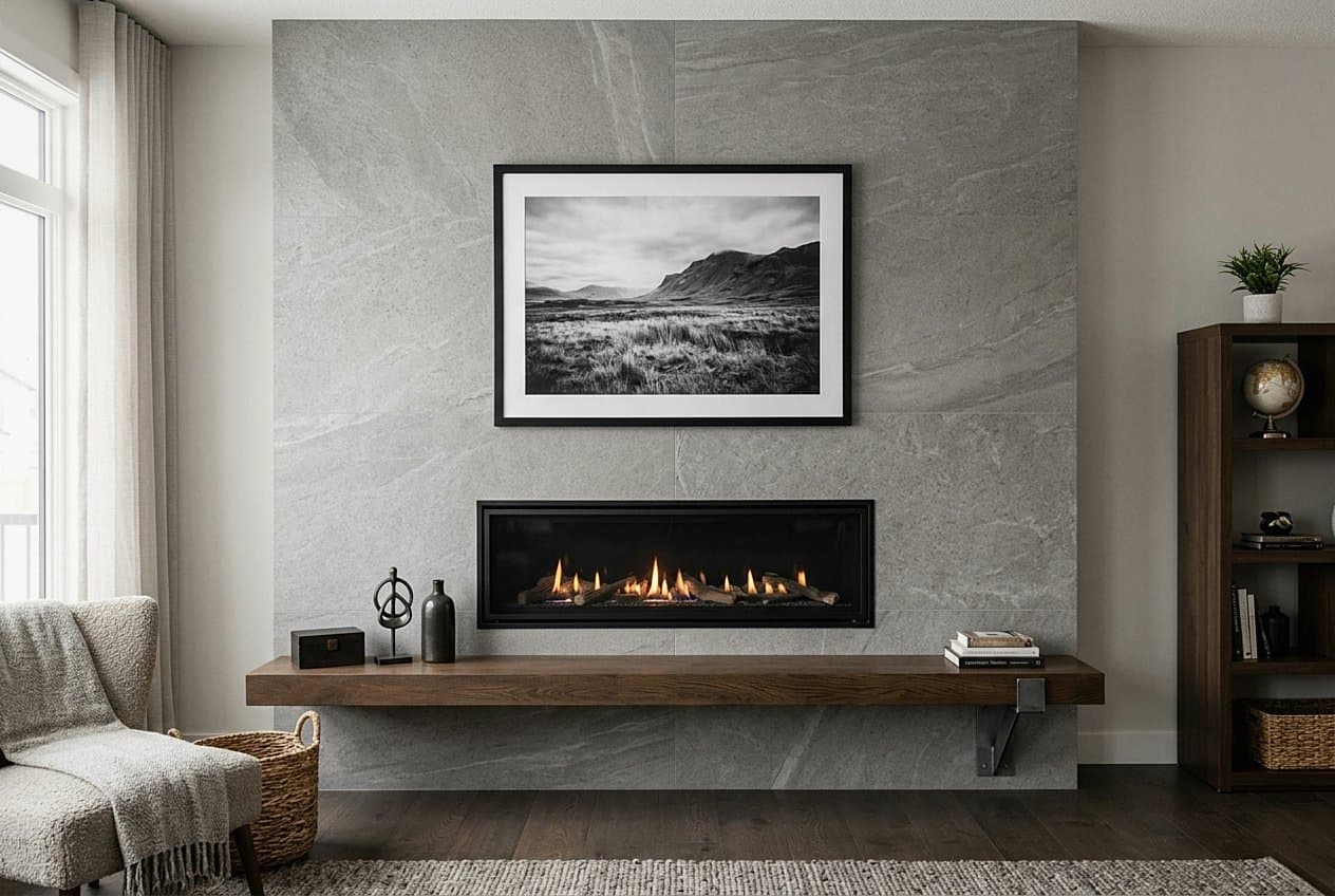 Modern gray stone fireplace wall with floating shelf