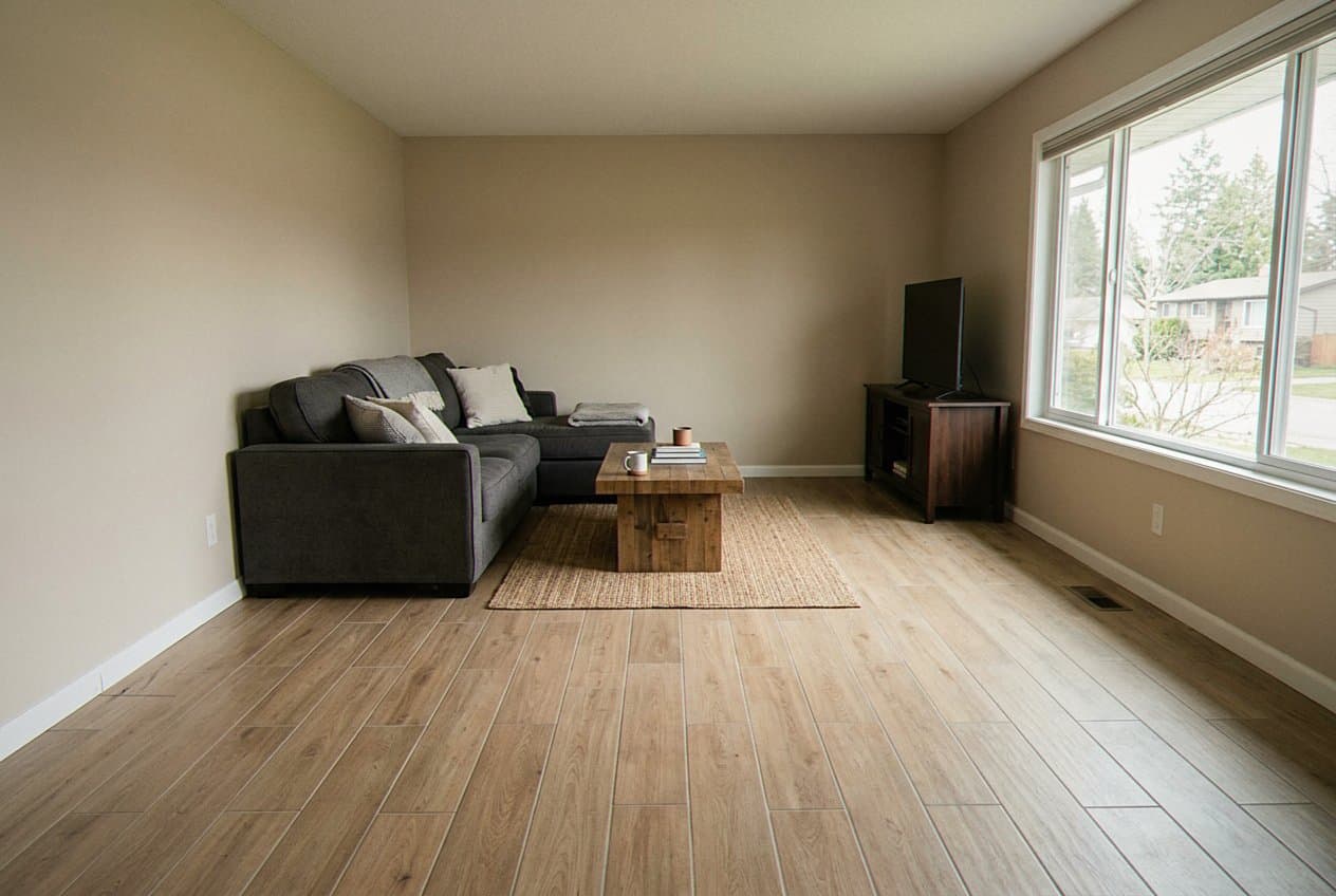 Finished wood-look tile floor in a living room
