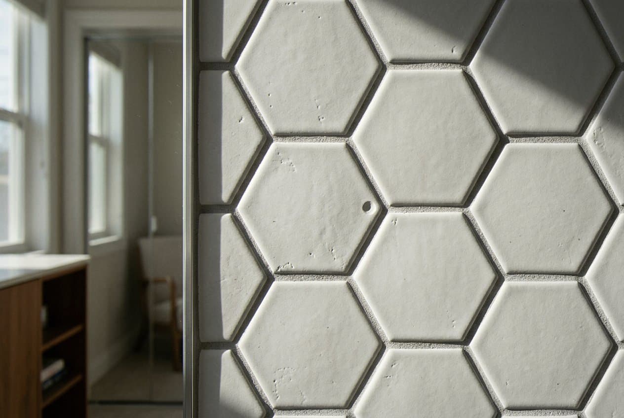 Close-up of clean white hexagon wall tile