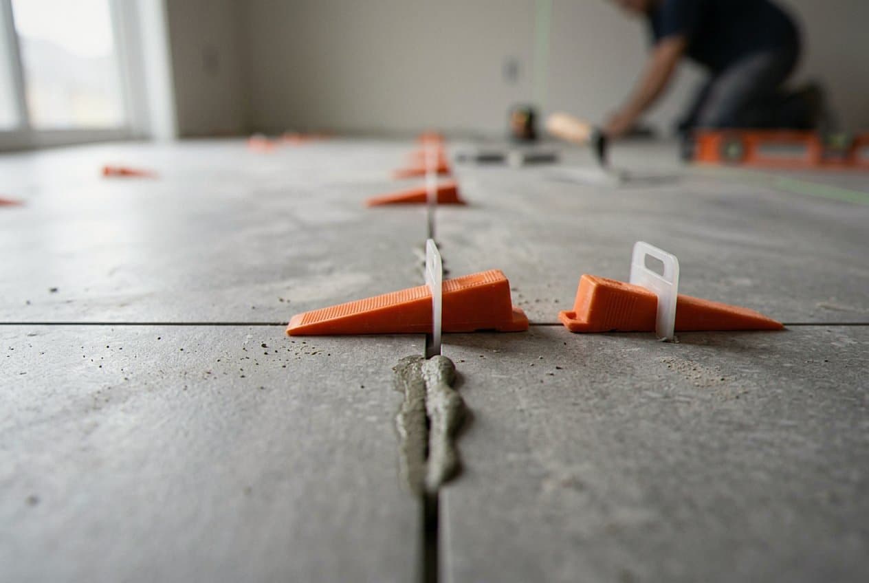 Leveling clips holding large-format floor tile flat