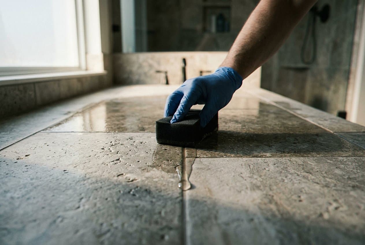 Sponging sealer onto polished stone-look bathroom tile
