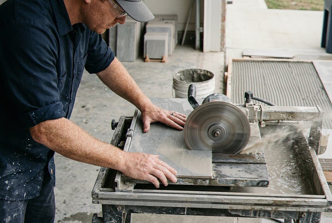 Wet saw cutting a large-format tile outdoors