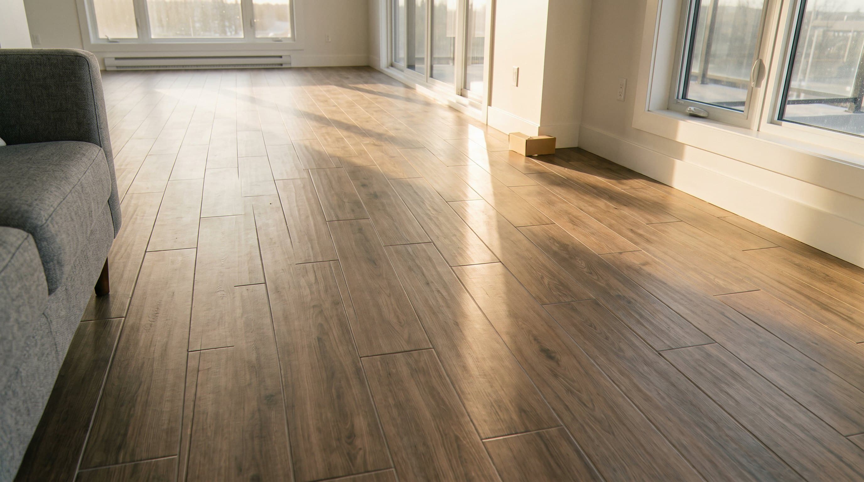Sunlit wood-look tile floor in an empty room