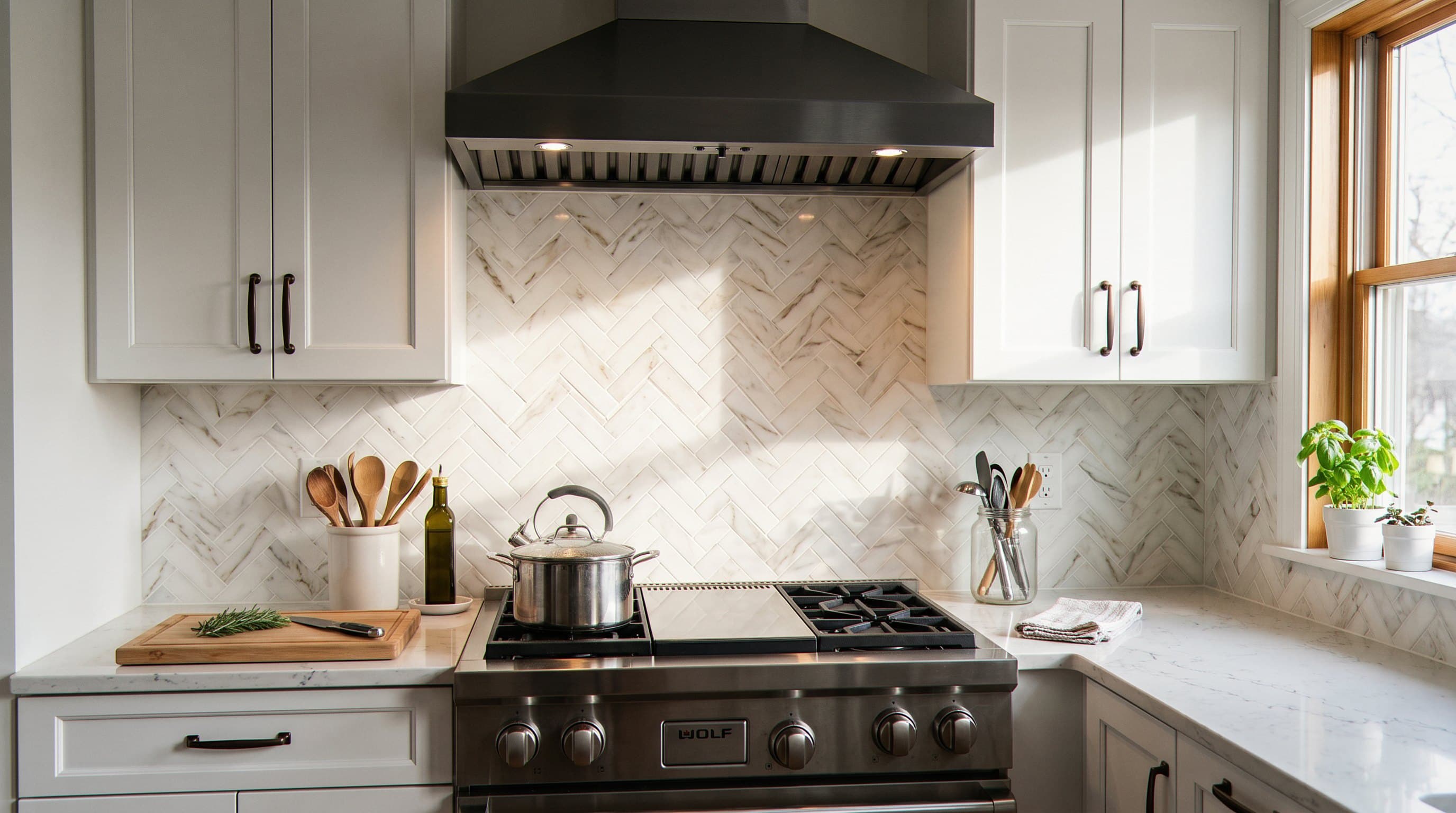 Marble herringbone backsplash glowing behind a gas range