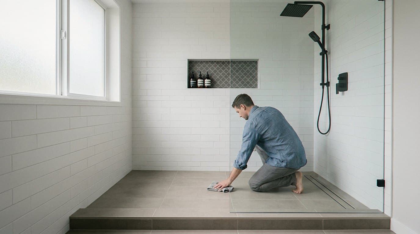 Man wipes down a finished curbless glass shower floor