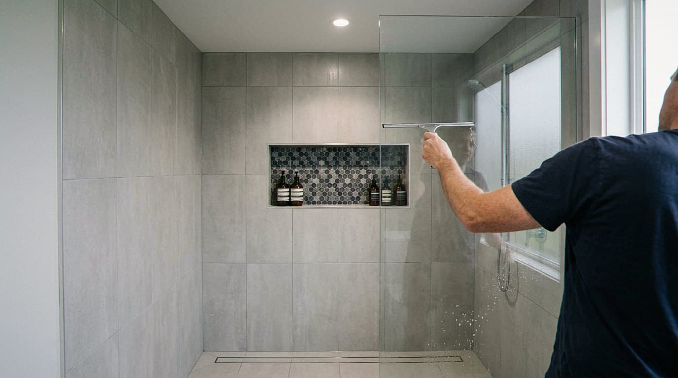 Squeegeeing glass on a large-format gray tile shower