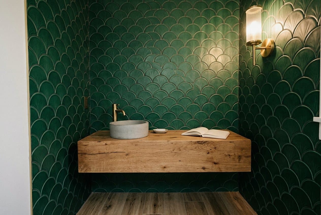 Green scalloped tile accent wall behind a vanity