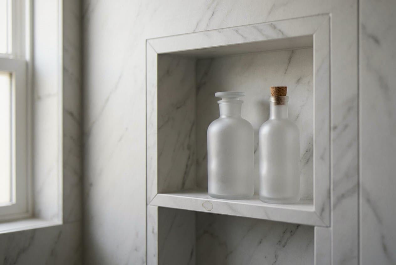 Marble niche shelf holding two frosted glass bottles