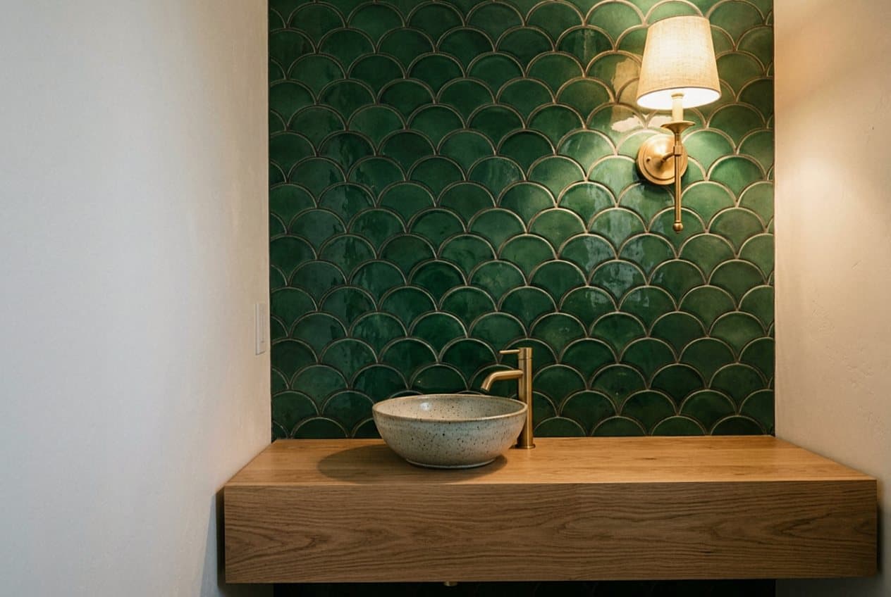 Green scalloped tile powder room with brass sconce