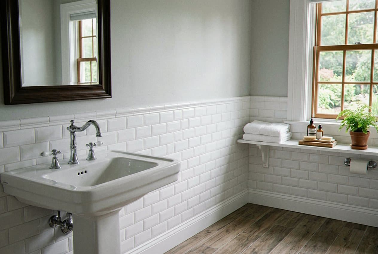White subway tile wainscot in a sunlit bathroom