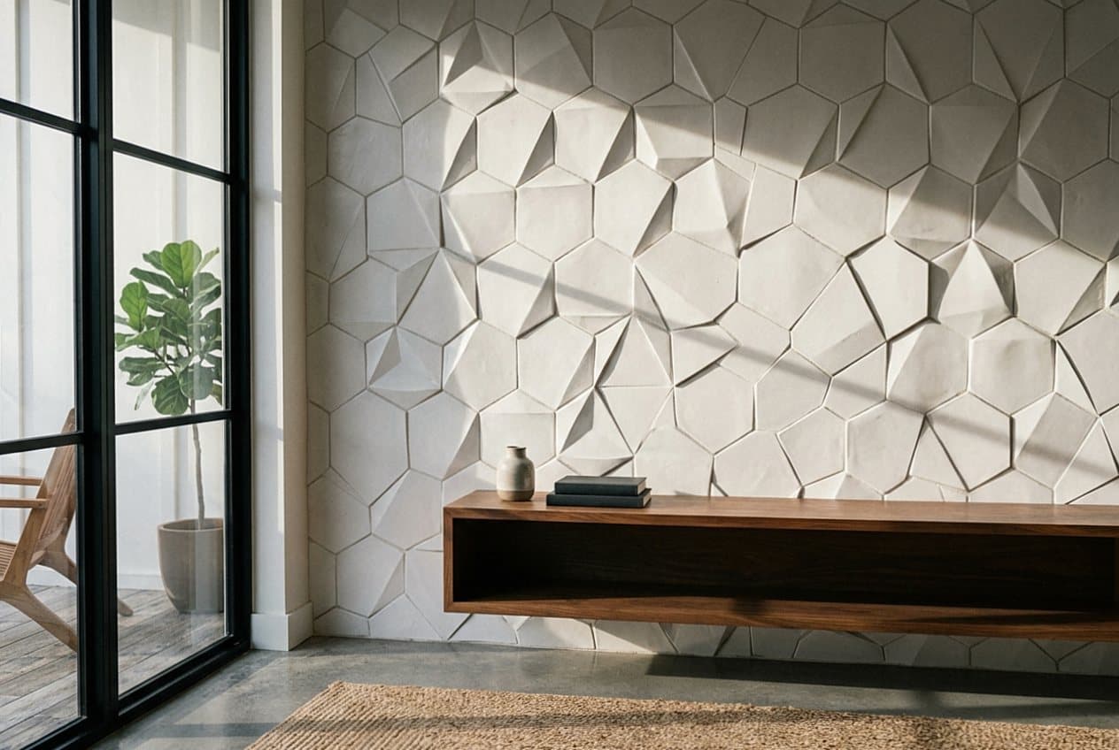 Faceted geometric tile wall beside a glass door