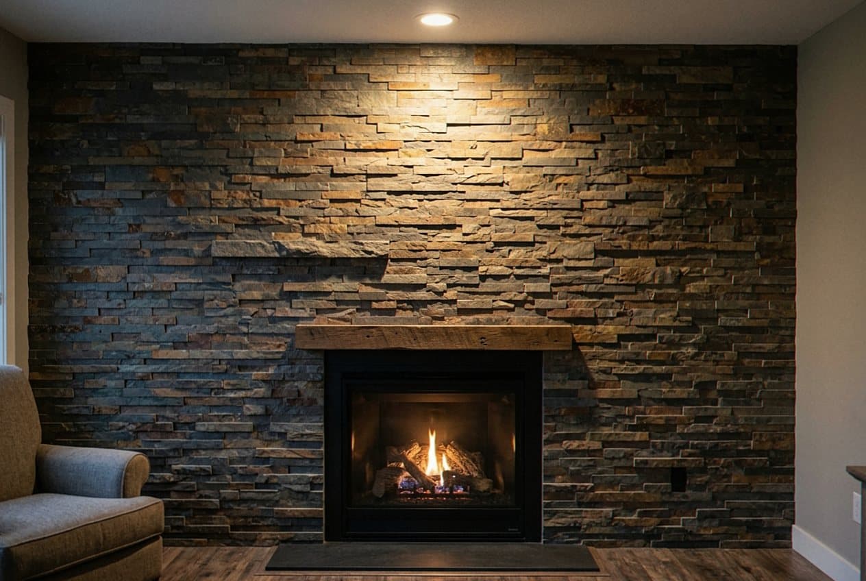 Stacked stone fireplace wall reaching floor to ceiling