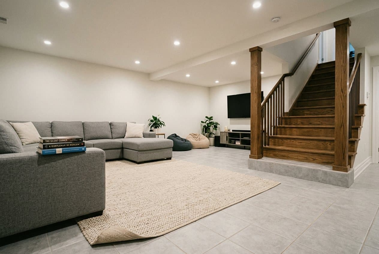 Gray tile flooring in a finished basement lounge