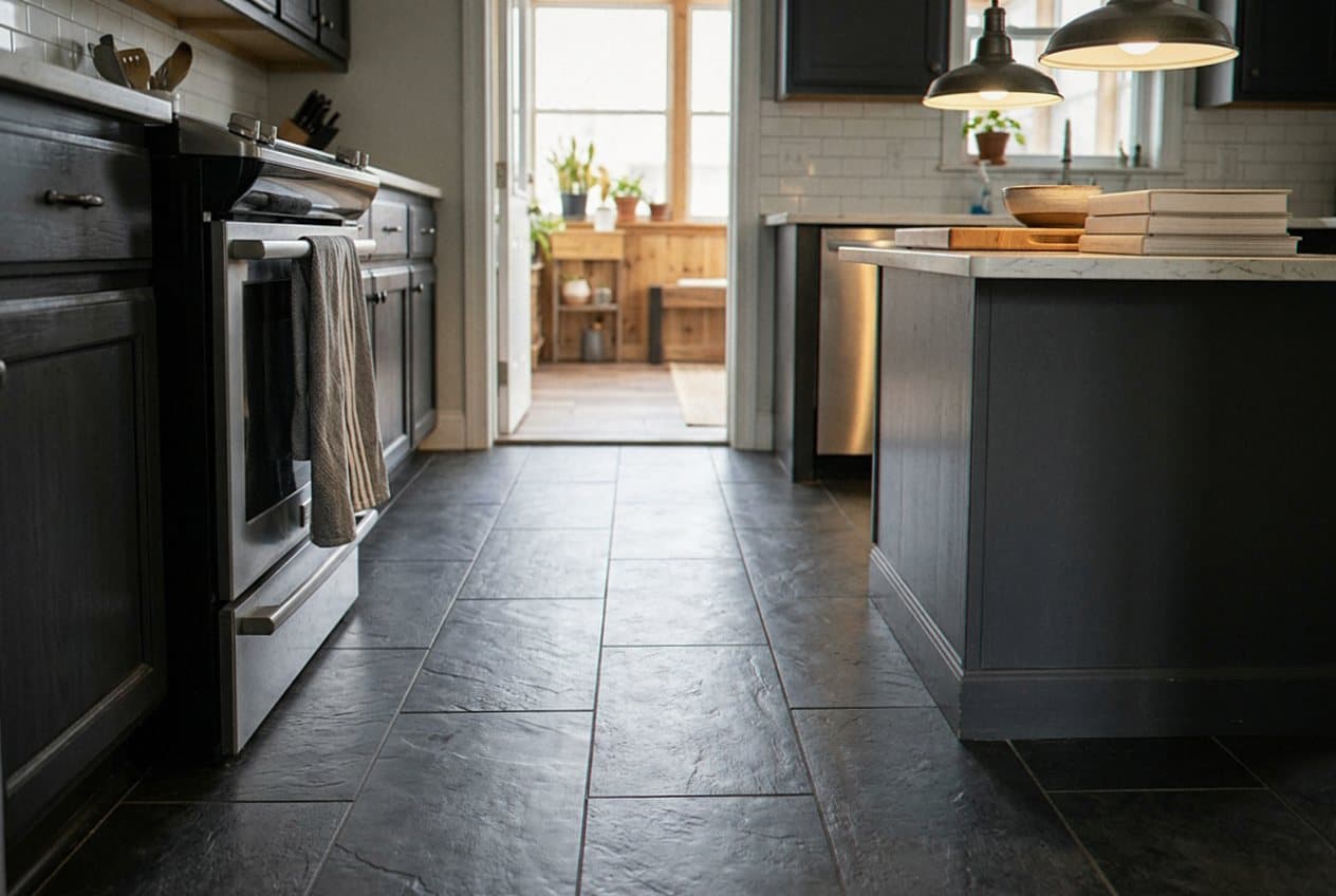 Large gray tile floor in a modern kitchen