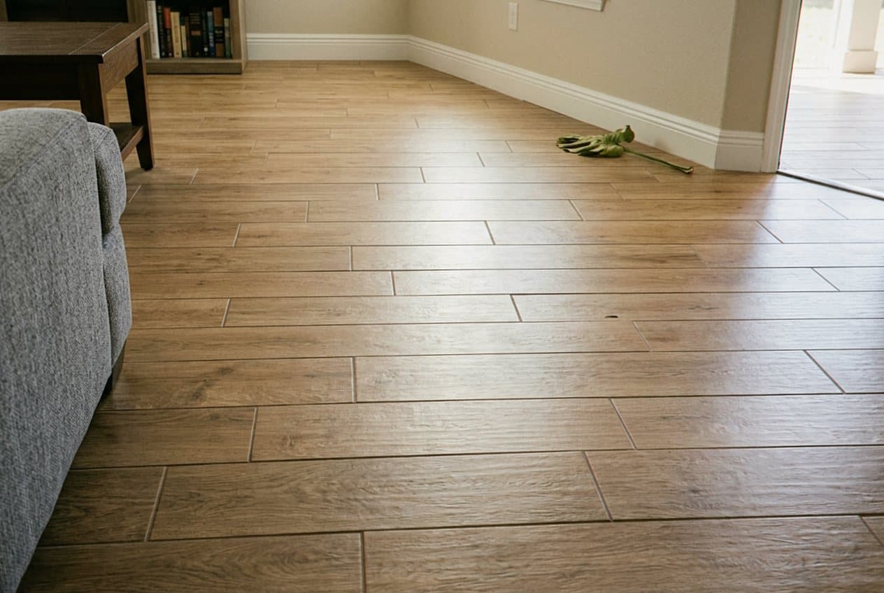Wood-look tile flooring in a bright living room