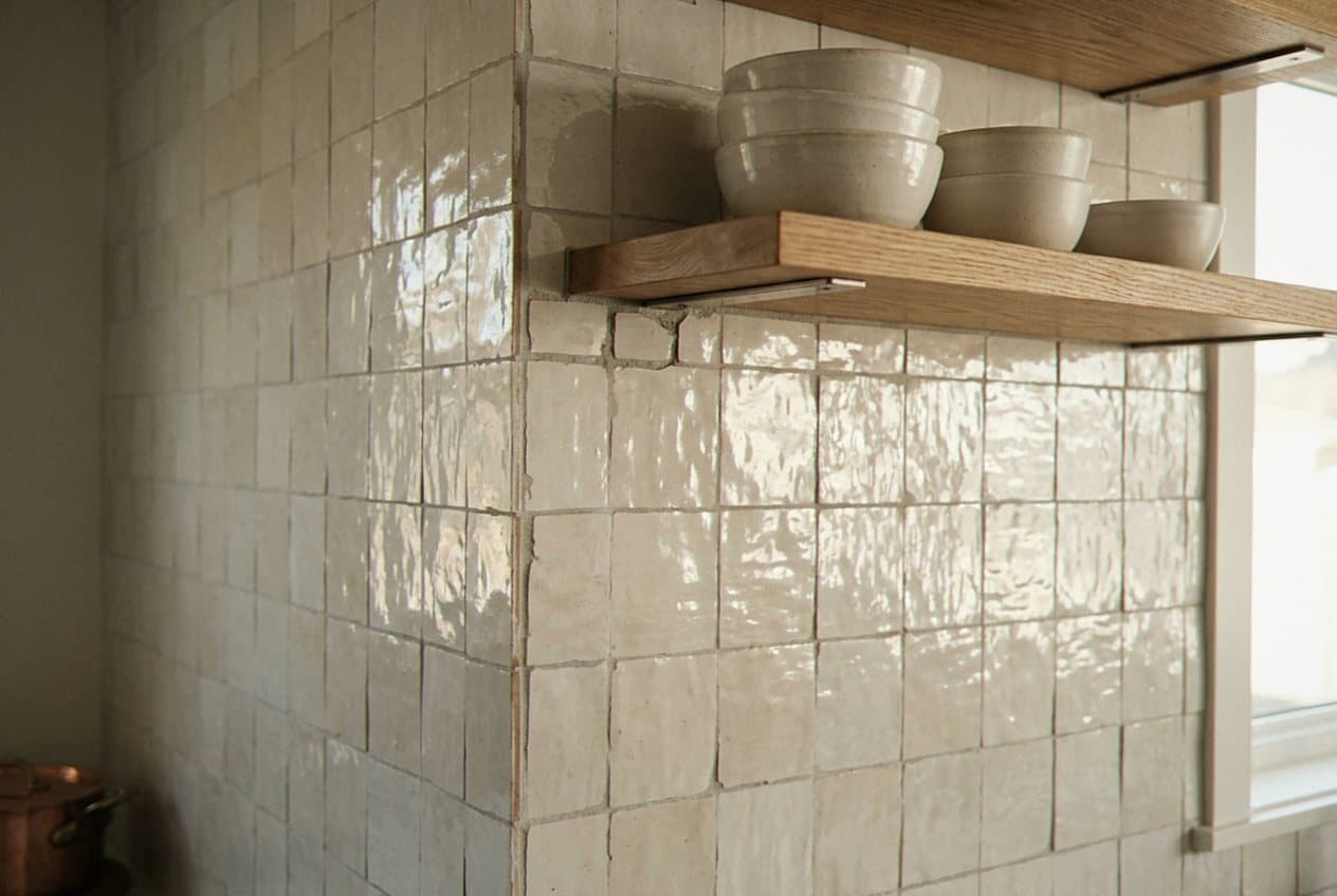 Full-height square tile wall behind kitchen shelves