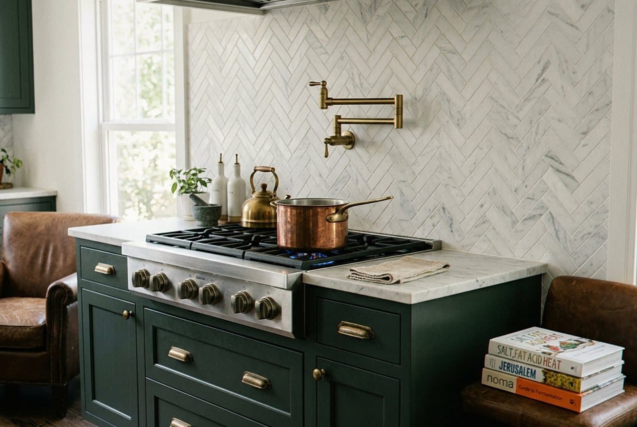 Marble herringbone backsplash with a brass pot filler
