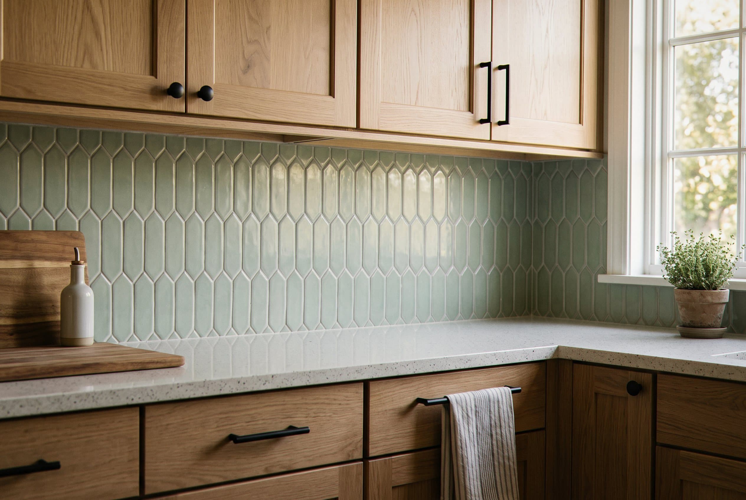 Green picket tile backsplash with quartz counters