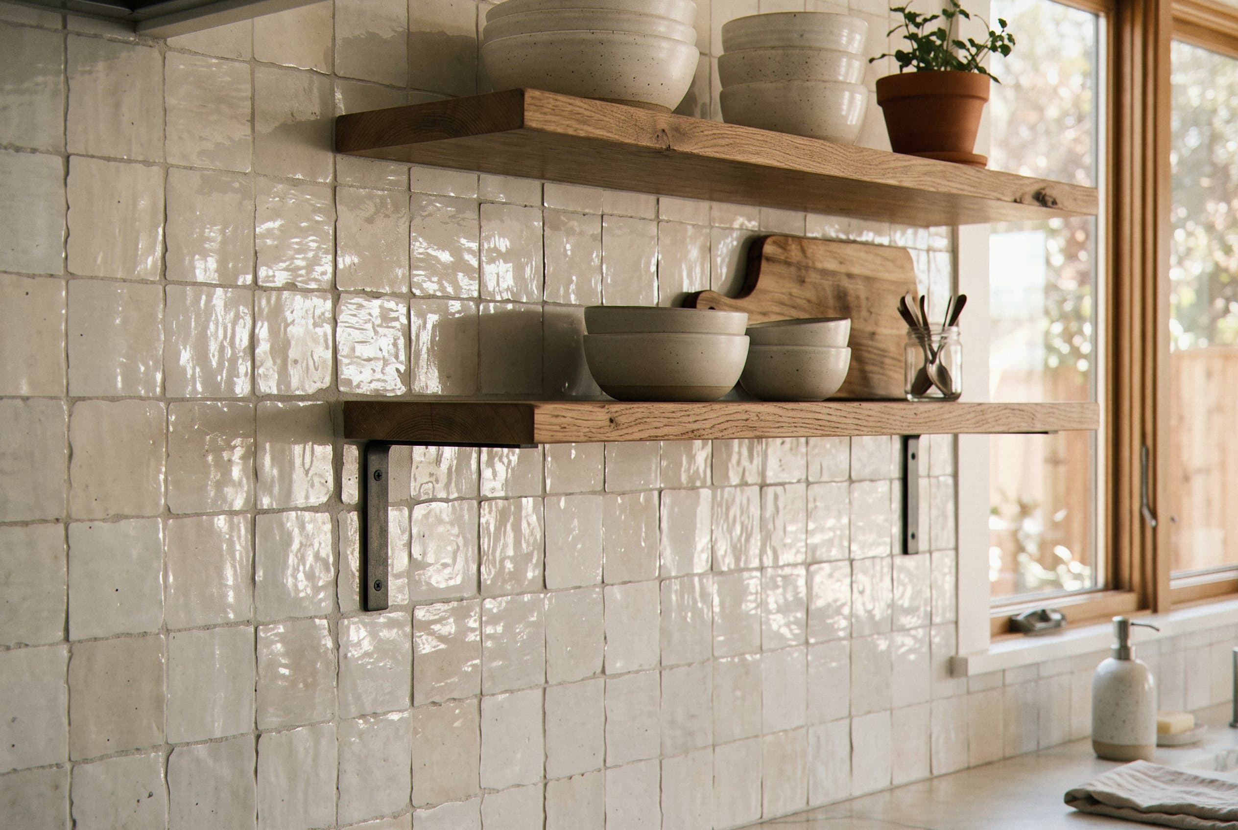 Handmade zellige-look tile wall with open shelving