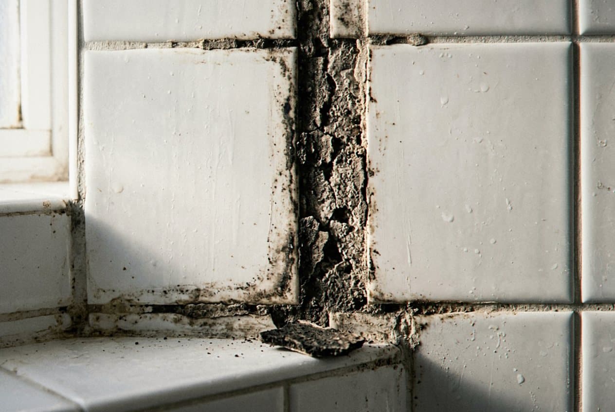 Cracked, mold-stained grout between bathroom wall tiles