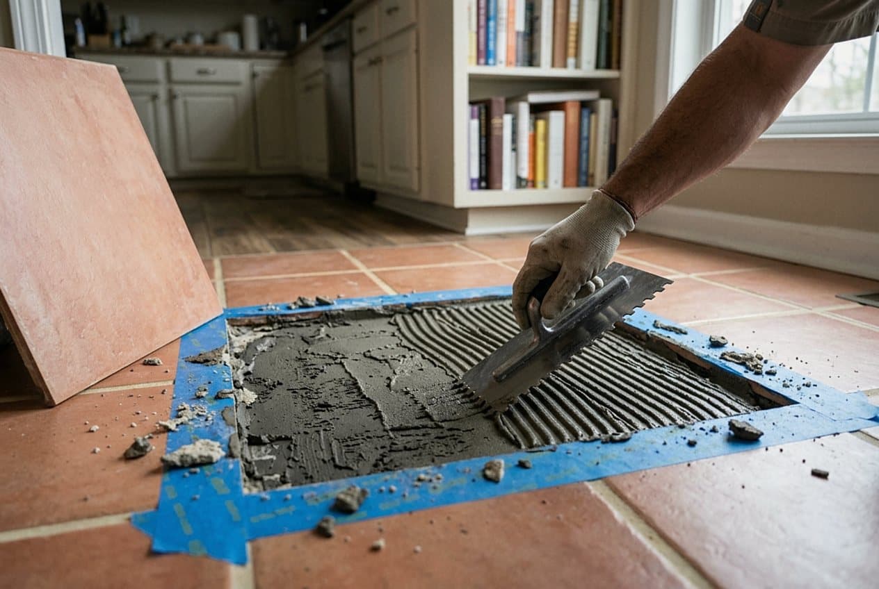 Troweling thinset to reset a loose floor tile