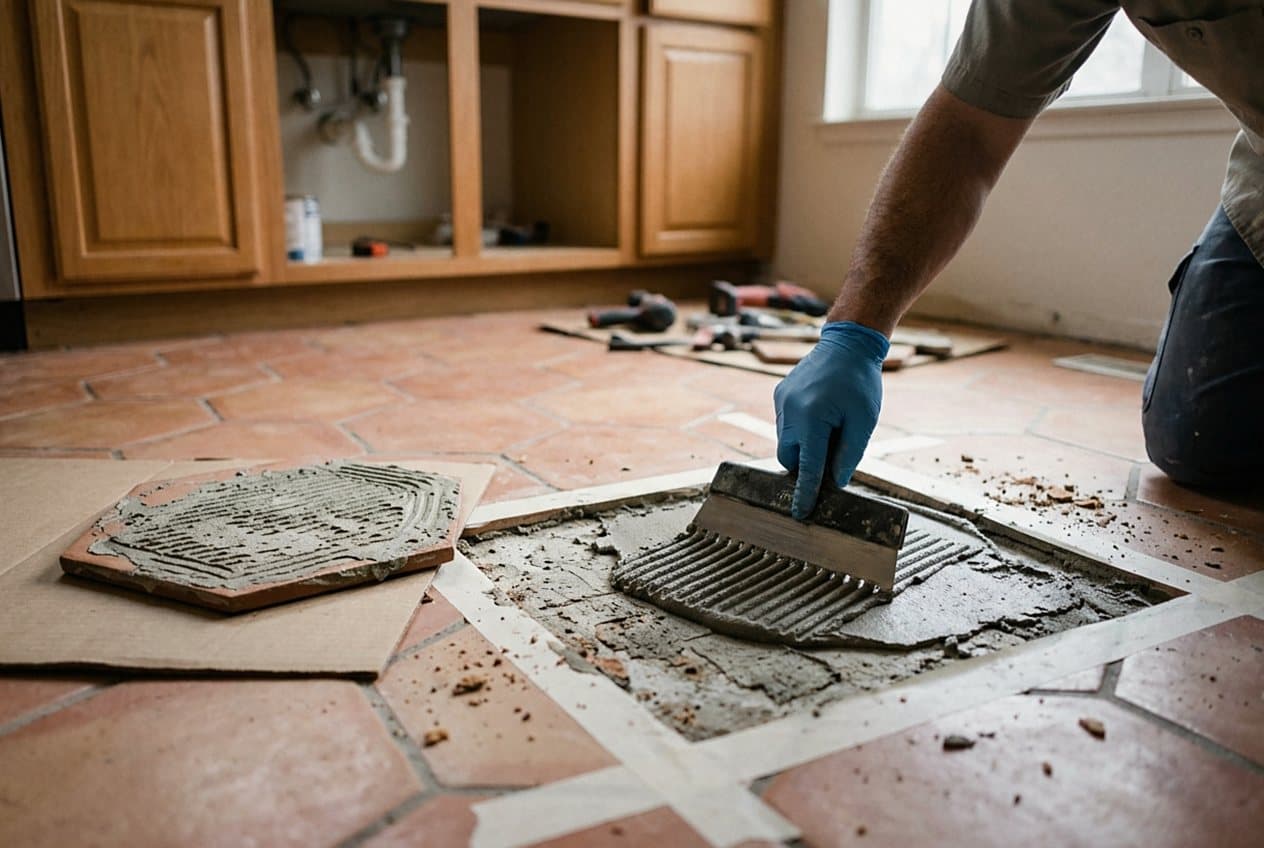 Installer regrouting terracotta kitchen floor tile
