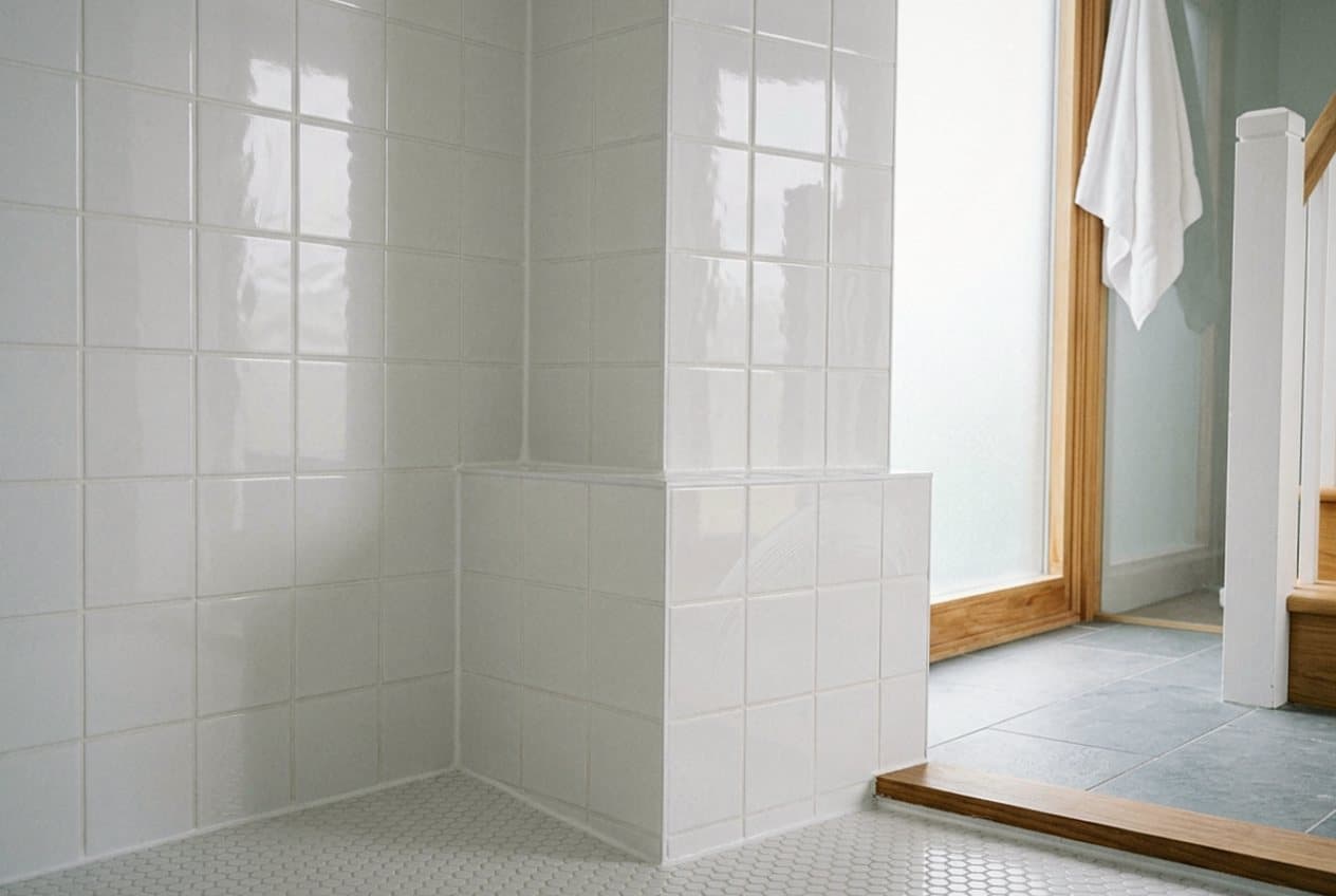 Clean white tile shower corner with a bench