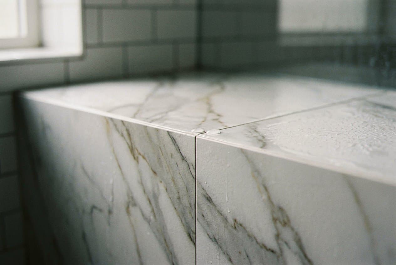 Water beads on a marble shower bench corner