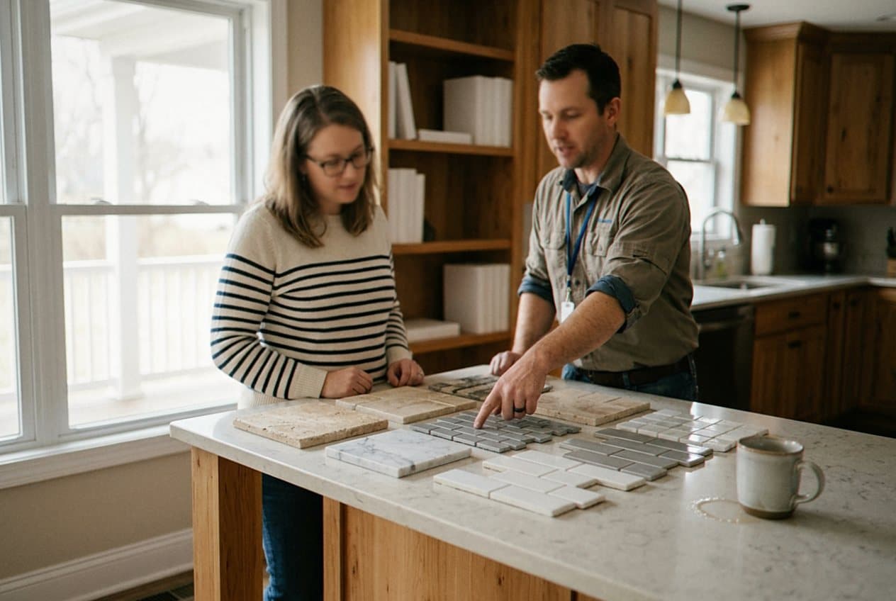 Installer showing tile samples to a homeowner